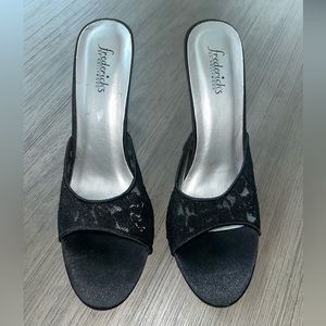 Fredericks of Hollywood black lace slip on heels Sz 10 brand new